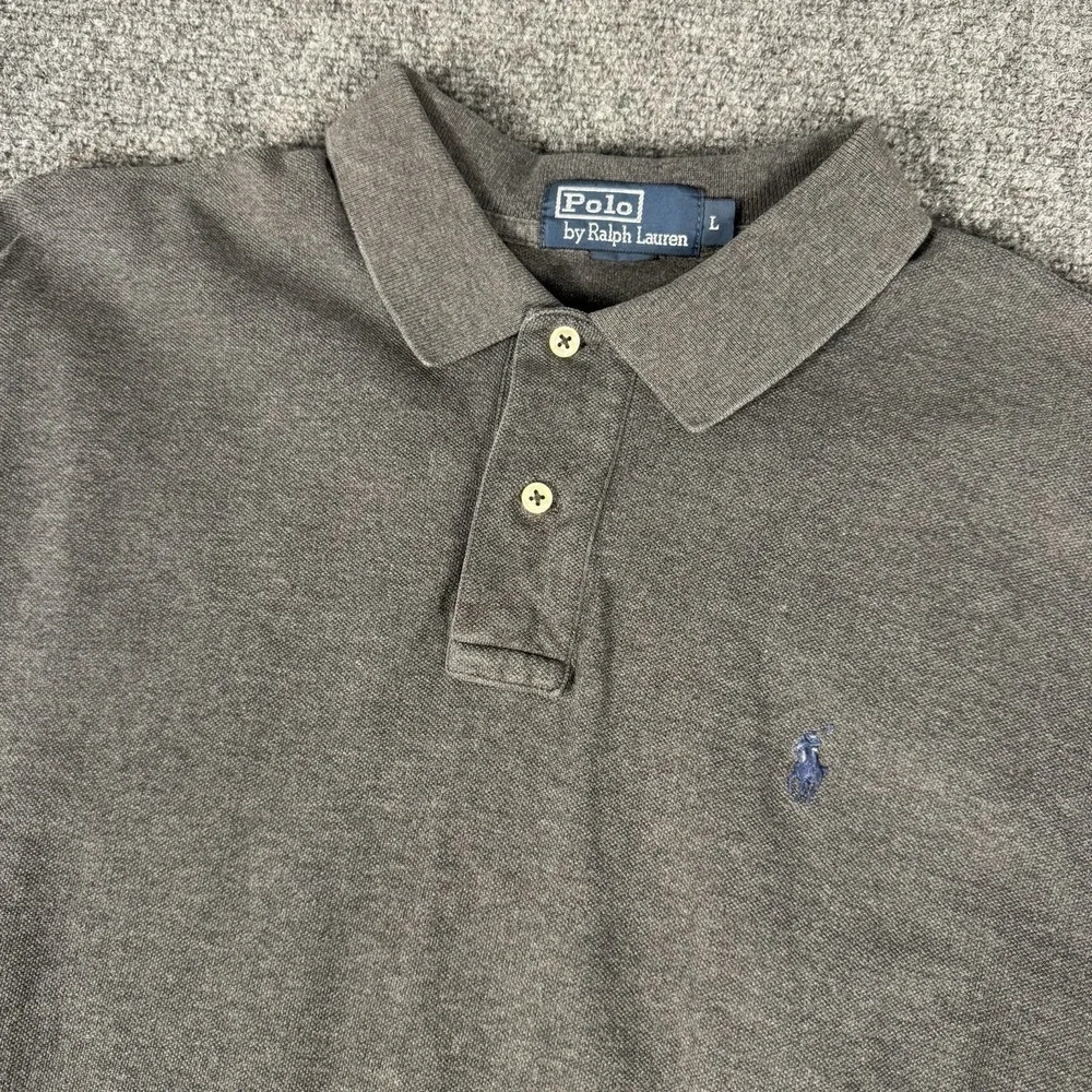 Vintage Polo Ralph Lauren Polo Shirt Men L Grey 100% Cotton Pique Blue Pony